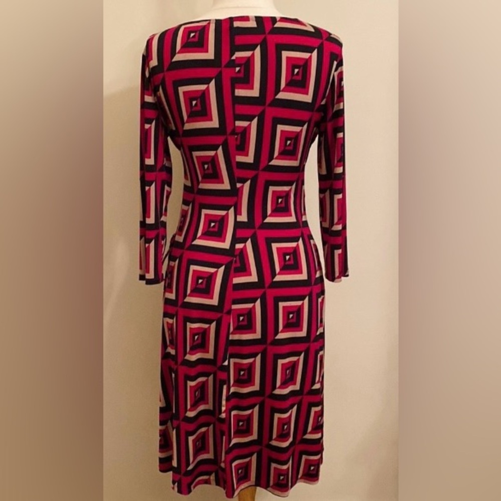 9 & Co Maroon Tan Geometric 10 Faux Wrap Retro Modern Career Chic Indie Dress - Picture 7 of 10